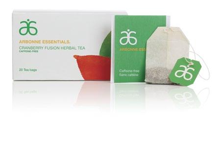 ARBONNE ESSENTIALS CRANBERRY FUSION HERBAL TEA Limited-edition holiday flavor in a non-bleached, chlorinefree tea bag Caffeine-free cranberry, hibiscus and rose hips blend tea Formulated with non-gmo