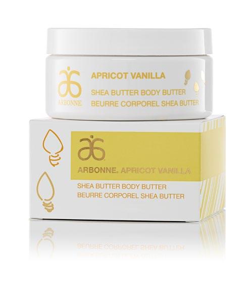 APRICOT VANILLA SHEA BUTTER BODY BUTTER Moisturizes, softens and soothes skin with a non-greasy texture Sustainable shea butter is harvested with fair trade principles Shea butter moisturizes