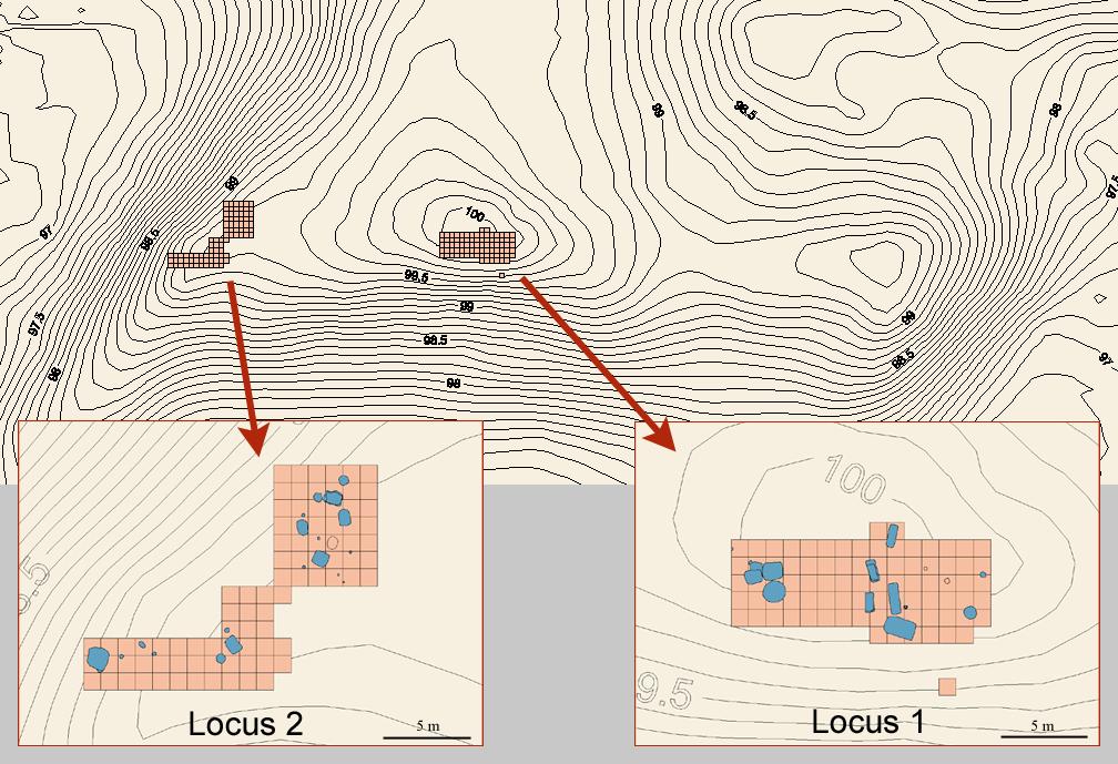 Figure 3. Map of Old Town showing the complete excavation areas at Locus 1 and Locus 2.