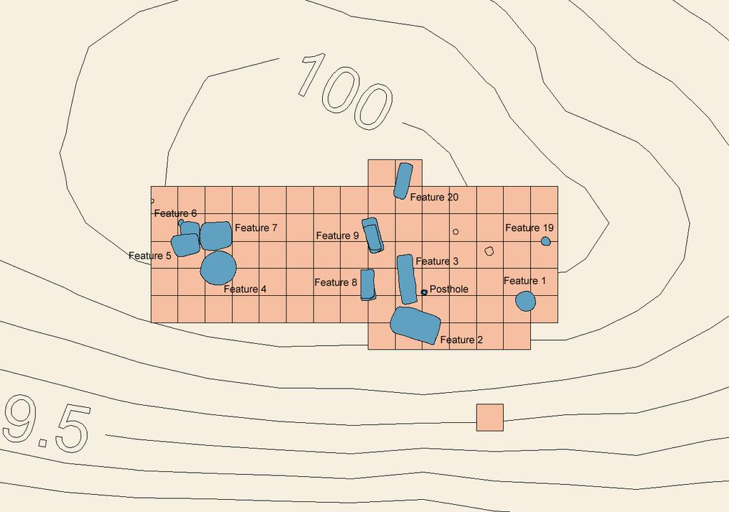 Figure 4. Plan of 2003 and 2009 excavations at Old Town Locus 1. excavation was backfilled.) Once excavated, units were troweled, photographed, and mapped with a total station.