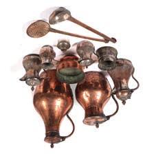 24%BP*) 266 Group of copper ewers, ladles, bowls and tankards Turkey largest 53cm high 50-100