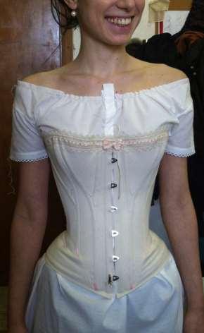 1862 corset by Luca Costigliolo The 1862 corset The whole front panel of 1860s corset is cut on the bias, but the backing for the busk is cut on the straight. I a one layer corset of coutil.