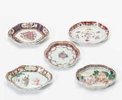 147 171 A set of three Chinese export European subject cups and saucers, three famille rose cups and a milk-jug Qianlong period (1736-1795) The set of three cups and saucers decorated with a Meis-