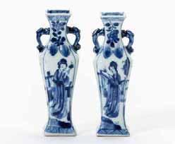 151 181 Two Chinese blue and white vases 19th century Each baluster vase decorated in mirror image with a warrior standing in front of two ladies reading a