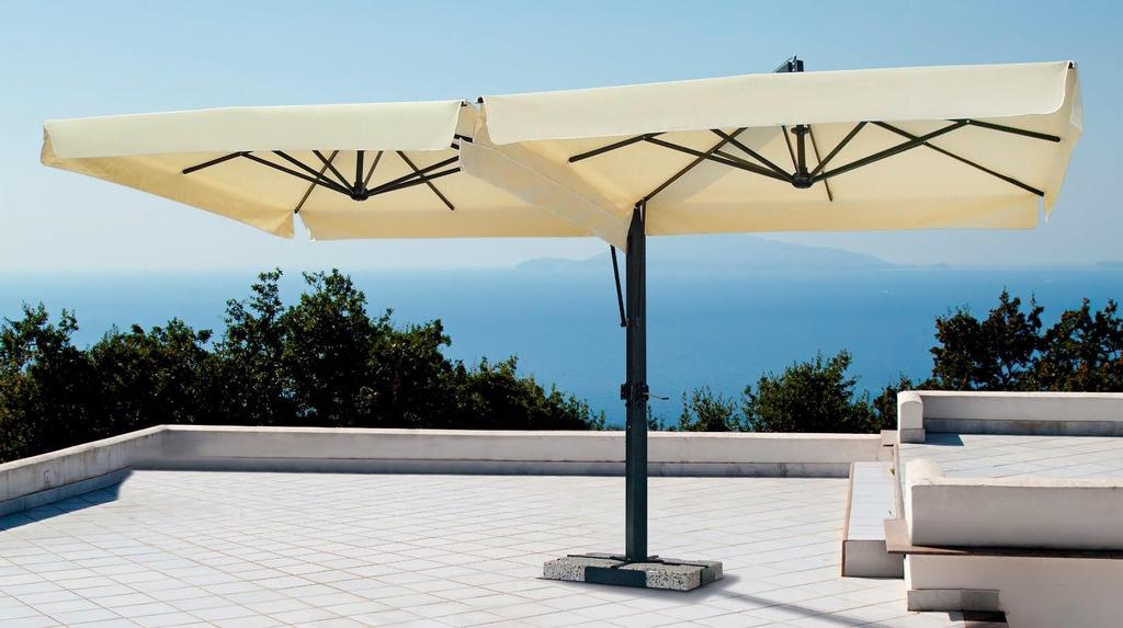 Model: ANDROS UMBRELLA SYSTEM OF 2 SIDE ARM UMBRELLAS, V TYPE. CENTRAL SHAFT113x113mm, HORIZONTAL SHAFT 92x92mm. RIB PROFILE 30x15, SHAFT/RIBS WHITE OR BLACK COLOR. CRANK OPENING.
