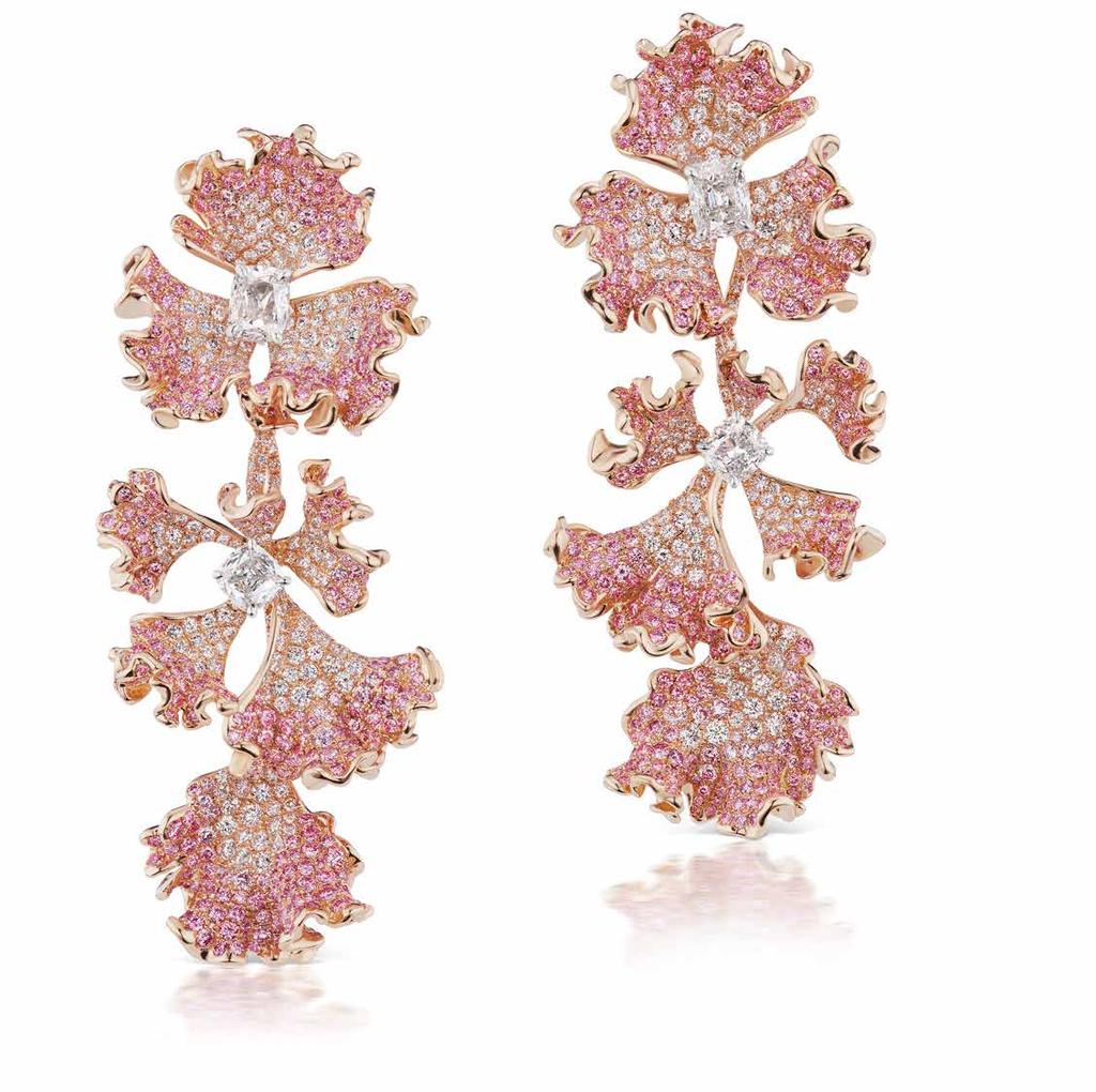 September 2018 Notes on an Obsession Brassica Earring in 18K rose gold, pink diamonds, round-cut and oldmine cut white diamonds. POA.
