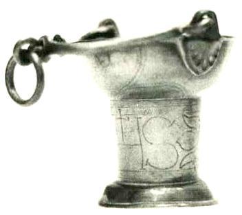 Item 505 Illustration not present. An American Pewter beaker with handle with ball terminal. Height 3 1/8 inches, marked under the base Boardman and hart New York c 1827-50.