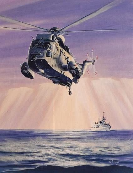 This artwork was commissioned to recognize the 50th Anniversary of the Canadian CH124 Sea King helicopter at 12 Wing