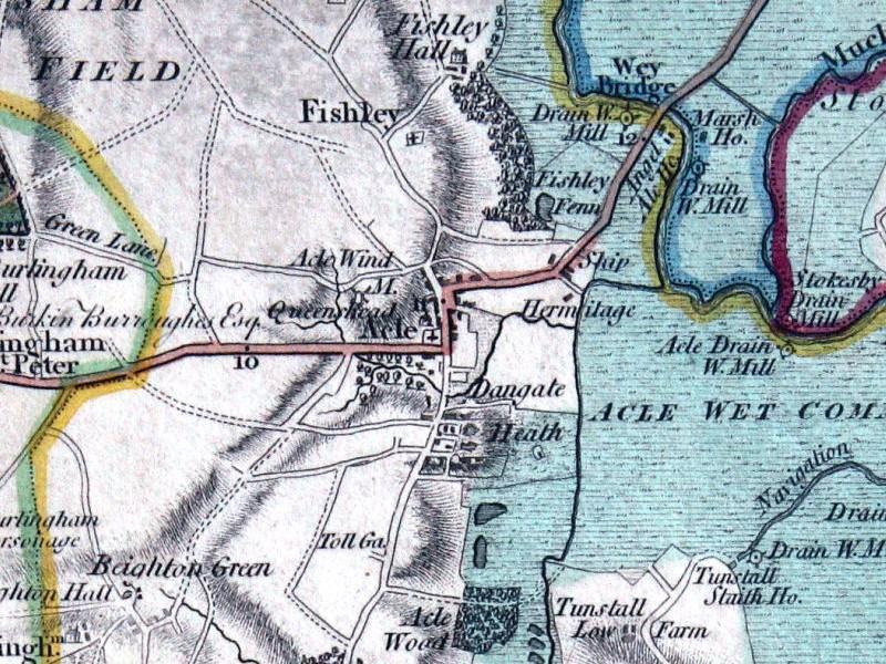 Figure 4: Extract of Fadens 1797 map of Norfolk, with a close up