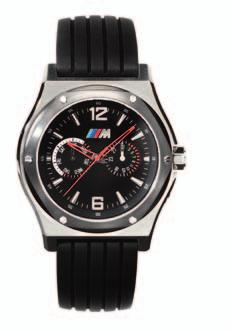 M Sports Chronograph. Sporty chronograph watch with brushed stainless steel case. The face has a modern carbon fibre styling and raised coloured M logo. Swiss precision quartz movement.