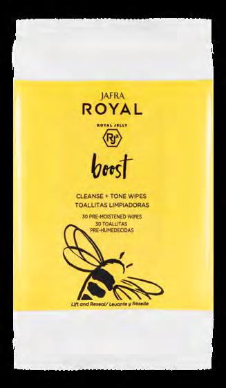 JAFRA ROYAL Boost Ritual - Dry/Sensitive Skin $69 SAVE OVER 25% Retail Value: $96 301912 A, B, C, D Boost Cleanse + Tone Wipes 30 Towelettes