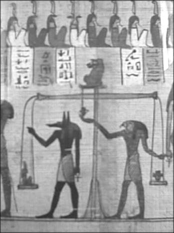 The Weighing of his Heart in the "Hall of Double Truth" (Egyptian Museum, Torino) With the help of the Scarab over his heart, the dead man might find good judgement in the "Hall of Double Truth".