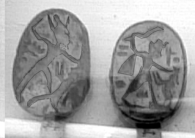 On the left, two scarabs with a king slaying a lion (Egyptian Museum, Torino) On the right a bas-relief showing Mithras