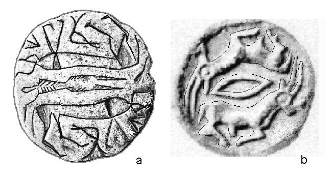 the variety of designs carved on seals expanded from the simple geometric forms to include animals with humans, snakes and birds. Seals decorated with four-legged horned animals can be easily found.
