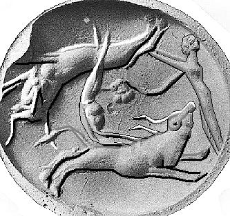 A late Bronze Age seal from Aegeus with a lion and horned quadruped shows the broken bilateral symmetry in the hunting between two opposite components.