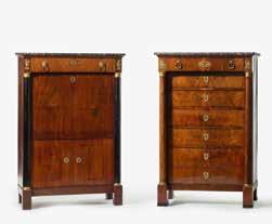 107 207 An Dutch Empire mahogany chiffonier and a Dutch Empire secrétaire á abattant Circa 1800-1815 With two semidetached columns, six drawers, three small drawers with locks, ormolu mounts and