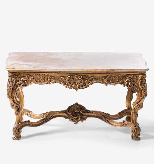 108 211 A large Rococo-style giltwood console with marble top Circa 1880-1890 On four legs, with scrolling