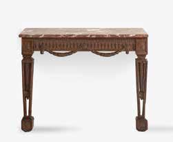 110 216 A pair of Italian Empire-style consoles Late 19th century Each with rectangular ochre marble top, a gold painted carved cornice, blackened plain architraves with gold painted rims, rosettes