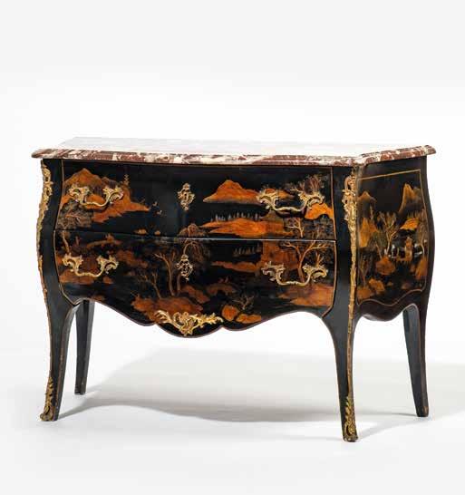 219 A French chinoiserie commode 19th century With a shaped mottled red marble top, cast gilt bronze mounts, two conforming drawers decorated with chinoiserie figures and a shaped apron centered by a