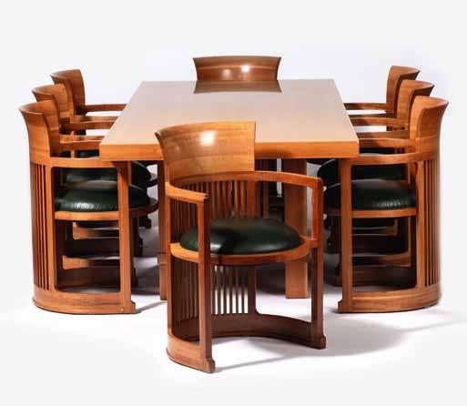 116 229 A Cassina Taliesin dining set by Frank Lloyd Wright Circa 1990 Designed in 1925 by Frank Lloyd Wright, manufactured by Cassina, Italy, comprising eight cherrywood Taliesin Barrel chairs with