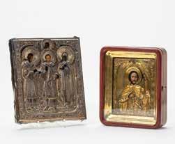 132 275 Three Russian icons 19th century One depicting the three Hierarchs St. Basil the Great, St. Gregory the Theologian, and St.
