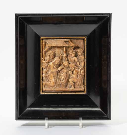 278 A Malines alabaster plaque depicting the adoration of the shepherds Circa 1600 This nativity scene of Jezus carved in