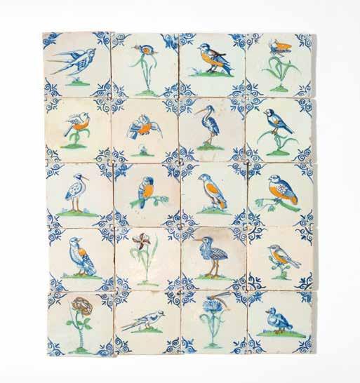 154 330 A collection of twenty rare Dutch polychrome ceramic Collaert tiles 17th century Depicting a swallow, a snail, a bird, grasshopper, heron, stork, eagle,