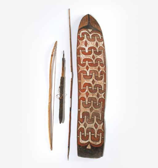 166 368 A wooden polychromed Jagai shield and a spear, arrows and bow New Guinea, Mappi area, 1920 s-1930 s With carvings of figures and spirals,