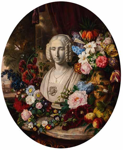 414 Virginie de Sartorius (Liège 1828 - after 1874) A still life with roses, carnations, violets and other flowers, peaches and a melon and a sculpture probably of Louise-Marie of Orleans, on a