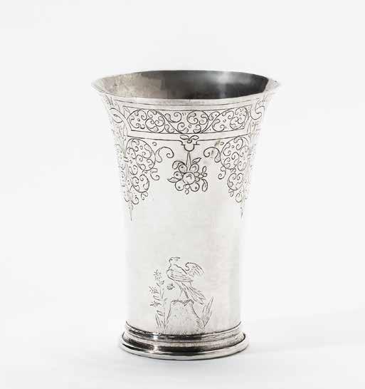 15 A Dutch silver beaker Dordrecht, second half 17th century, maker s mark indistinct With flared rim, engraved with foliage and hanging