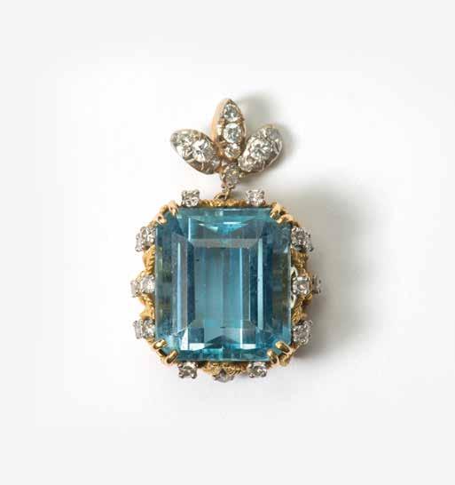 97 An 18 carat gold, diamond and aquamarine Sterlé pendant Circa 1960 s Centered by an emerald-cut aquamarine, within openworked mount, with single-cut diamond detail, with foliate-shaped diamond set
