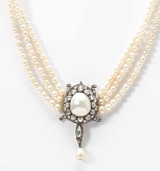 62 103 A three strand gold, silver, diamond and natural pearl necklace with an exceptionally large blister pearl Circa 1900 The graduating three-strand natural pearl necklace centered by a rose-cut