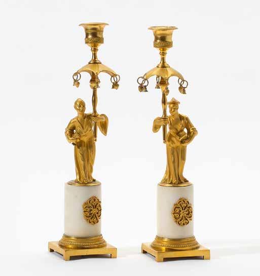 170 A pair of French Chinoiserie ormolu candlesticks Circa 1800 and later Each on a square base, with circular white marble column, supporting a Chinese figurine stem,