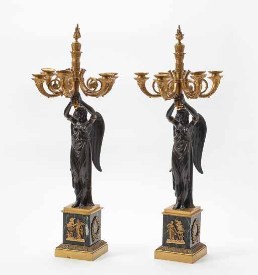 90 176 A pair of large French Empire ormolu and patinated-bronze five-light candelabra Circa 1815 Each on rectangular gilt bronze foot, supporting a square green marble base with applied gilt bronze