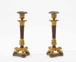 200 180 A pair of French Charles X ormolu and patinated-bronze three-light candelabra Circa 1830 Each opposite, on plain rectangular base,
