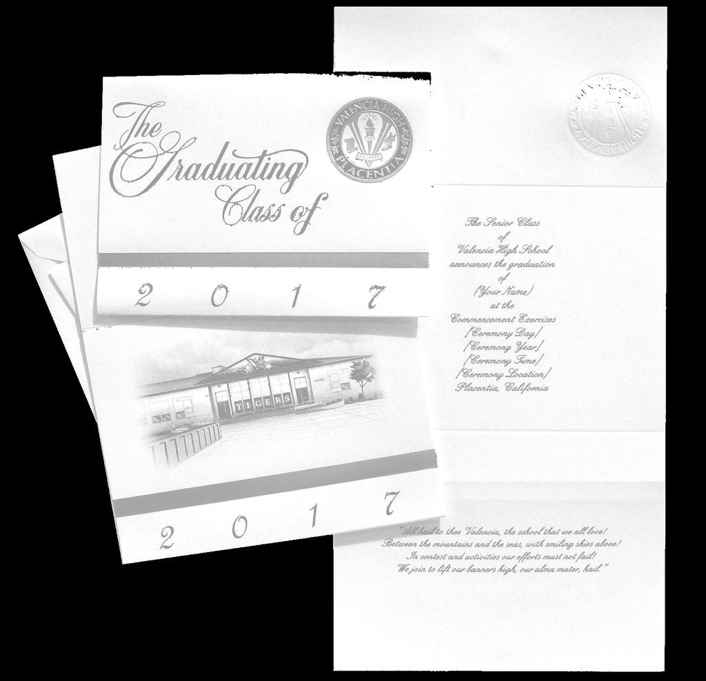 Traditional Announcement Elegant 3-fold white paper highlighting your Valencia foil crest framed by embossed laurel leaves and