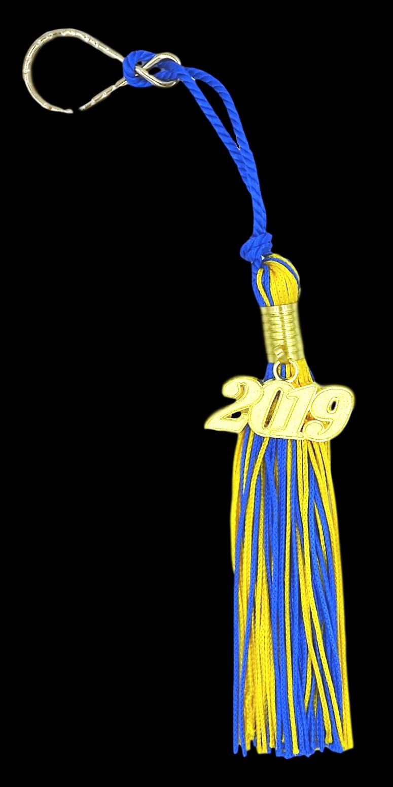 tassel with a figure eight key ring and 2019 year attached.