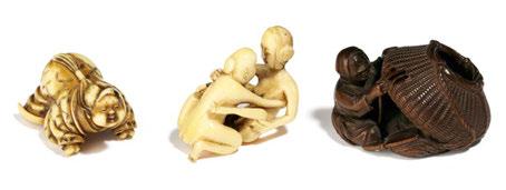 500 600 $ 580 696 2370 NETSUKE: OKAME. NETSUKE: OKAME. Japan. Meiji period. Late 19th c. Ivory with engraved and dyed details. Okame in the robe of a court lady kneeling on all fours.