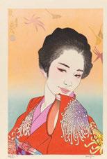 The young learning geisha (maiko) in a kimono with cherry blossom pattern. The obi is decorated with gold powder. The background evenly worked with mica on grey ground. Sign.: Toyonari ga.