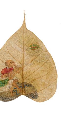 2039 FOUR EXCEPTIONAL PAINTED BODHI TREE LEAVES WITH LUOHAN. VIER AUßERGEWÖHNLICHE, MIT LUOHAN BEMALTE BODHIBAUMBLÄTTER. China. Qing dynasty. 18th/19th c.