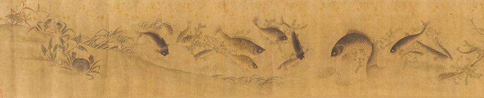 2040 FISH IN THE WATER. FISCHE IM WASSER. China. Ming Dynasty or later. Colors and ink on silk. With end paper and colophones mounted as a hand sroll.