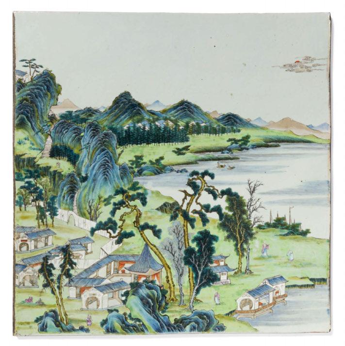 China 2000 LARGE PLATE WITH IDYLLIC LAKESIDE LANDSCAPE. GROßE PLATTE MIT IDYLLISCHER UFERLANDSCHAFT. China. Qing dynasty. 19th c. Porcelain, painted with enamel colors.