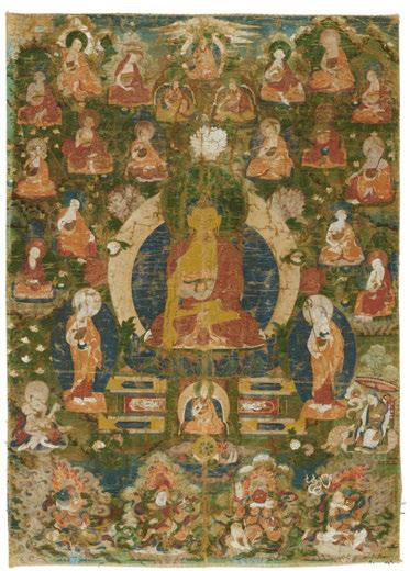 Right and left the sixteen Arhats and the two favorite students of Shakyamuni. At their feet are sitting two Siddha, one of them on a throne with tiger skin.