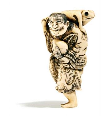 With his right he holds a long-stemmed peony, with the left he has seized his belt. Height 10.1cm. Rubbed soft due to long use. 1.100 1.300 $ 1.276 1.508 2271 NETSUKE: WINDSWEPT STANDING SENNIN.