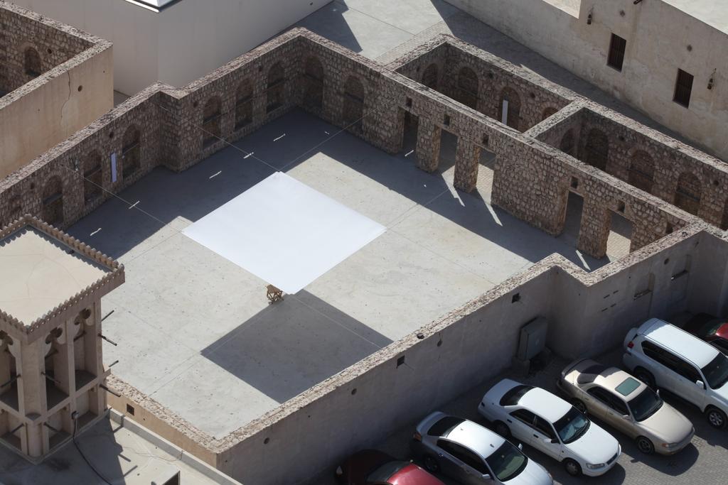 Four directional loudspeakers are placed on the walls, like on the walls surrounding the courtyard of Bait Gholoum Ibrahim in Sharjah s Heritage Area.