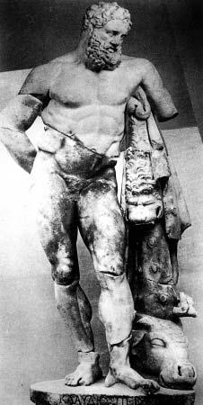 Lower part of a Herakles statue from Perge,Turkey with its upper part in the Museum of Fine Arts, Boston. Photomontage (from J. Inan).