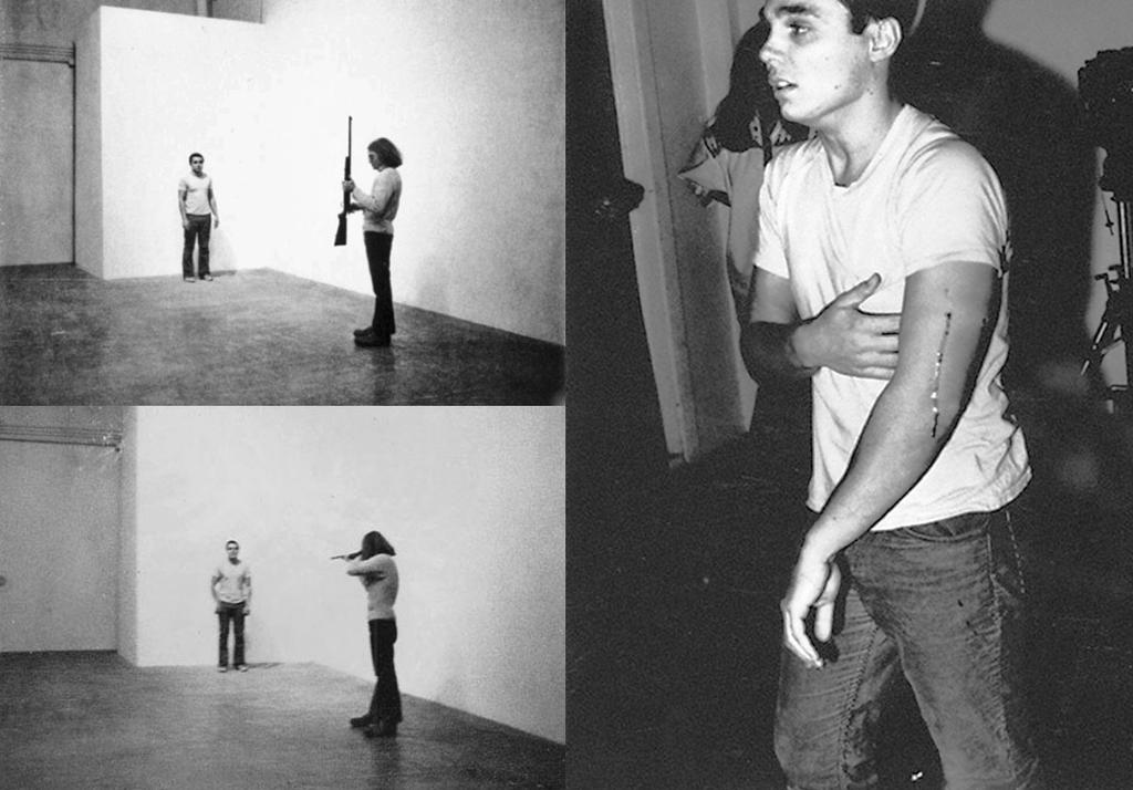 Shoot. Chris Burden. 1971. Performance Medium: Performance at F Space, Los Angeles Date: Nov. 19, 1971 In Burden's own words, "At 7:45 P.M. I was shot in the left arm by a friend.