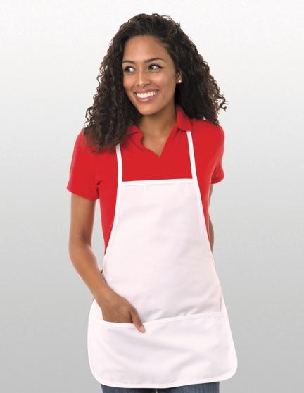 2060 MEDIUM APRON 7 Oz. Medium apron, twill stain resistant visa fabric with six inch center stitch bottom pouch, 65/35 poly-cotton. Neck strap ties at back for adjustable fit.