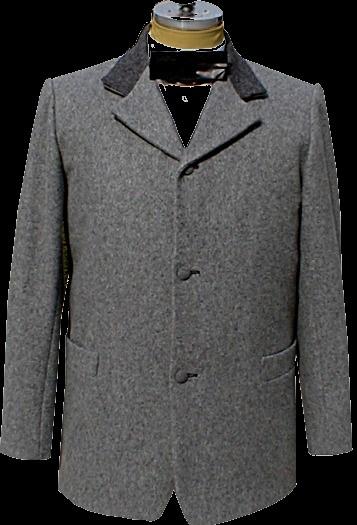 Roll type notched collar is featured. Coat comes standard with two exterior pockets at the waist and one interior left breast pocket. Three cloth covered buttons close the front.