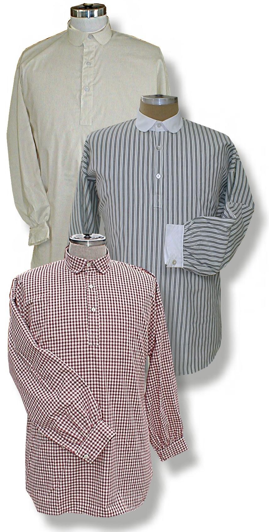 Page 22 Cotton Shirts Drop Shoulder Pattern 1850-1875 #1701 Shirt. #1706 Shirt in Blue Ticking with White Collar and Cuffs.. 1850 to 1875 Cotton Shirt with Stand and Fall Collar.